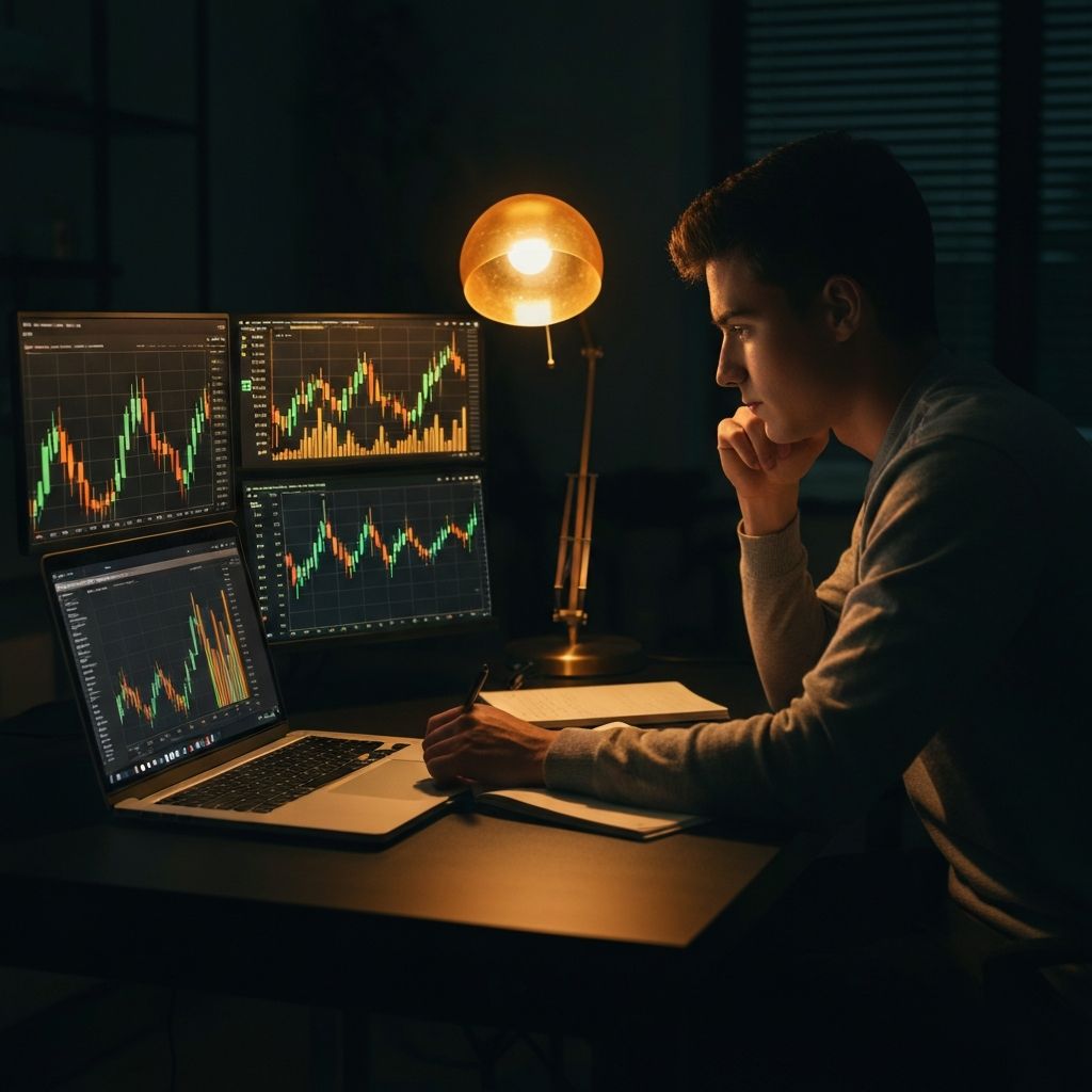 A student studying trading strategies on a laptop late at night